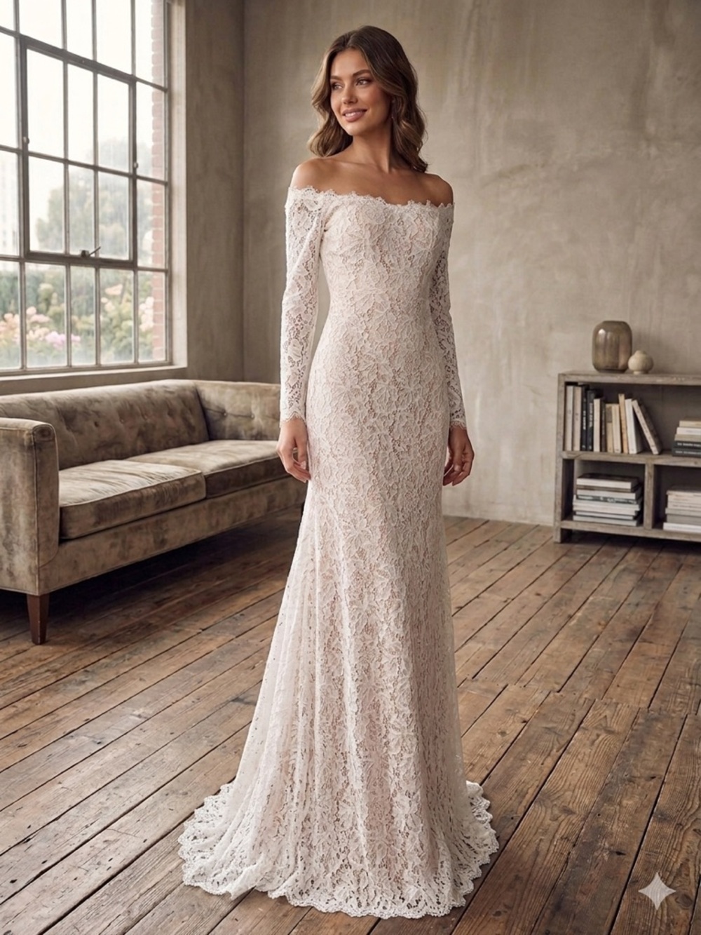 Lulu's Off-Shoulder Lace Wedding Gown in Ivory